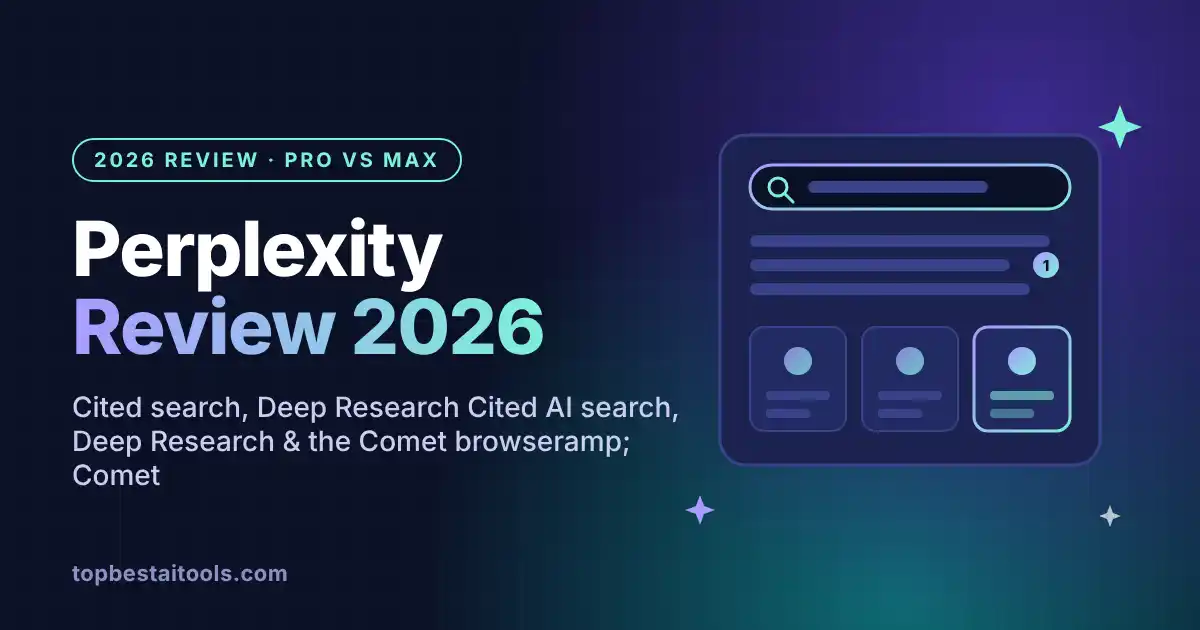 Perplexity Review 2026 featured image showing an AI search bar with cited answer cards